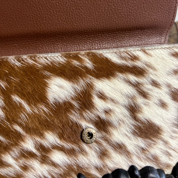 New Unique Brown White Tan Genuine Leather Cowhide Flap Handmade womens large - Picture 5 of 8